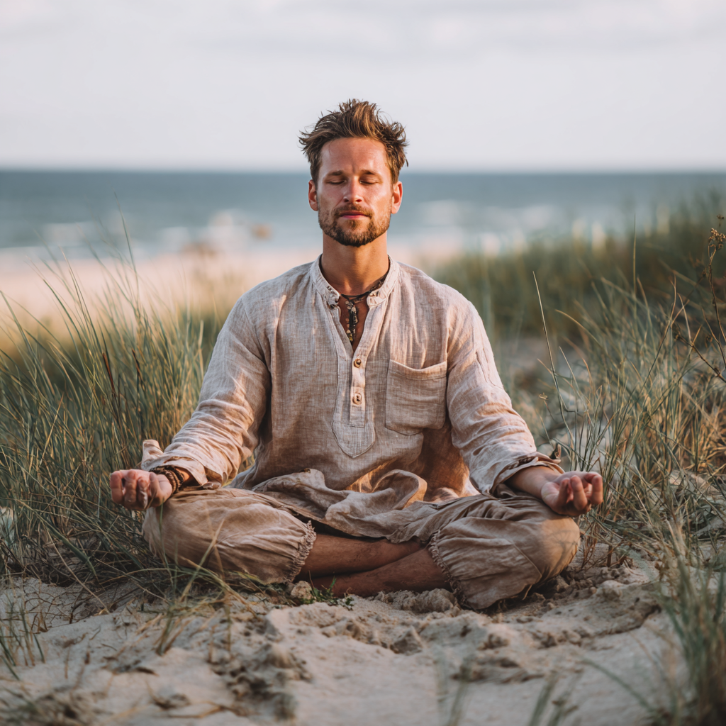 Українська жінка середнього віку в позі розкриття грудної клітки на ранковому сонці